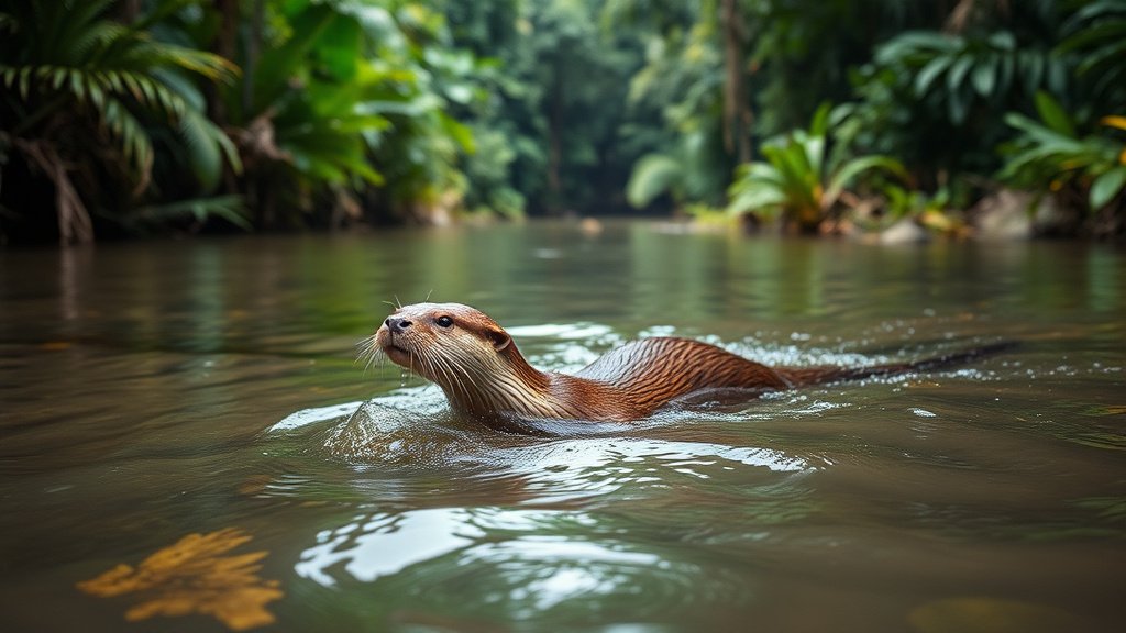 Loutre géante nageant dans une rivière tropicale en Amazonie