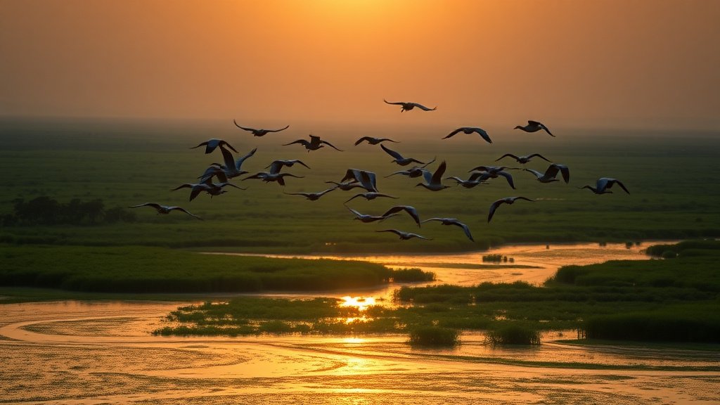 Vol d oiseaux migrateurs au-dessus de zones humides au coucher du soleil