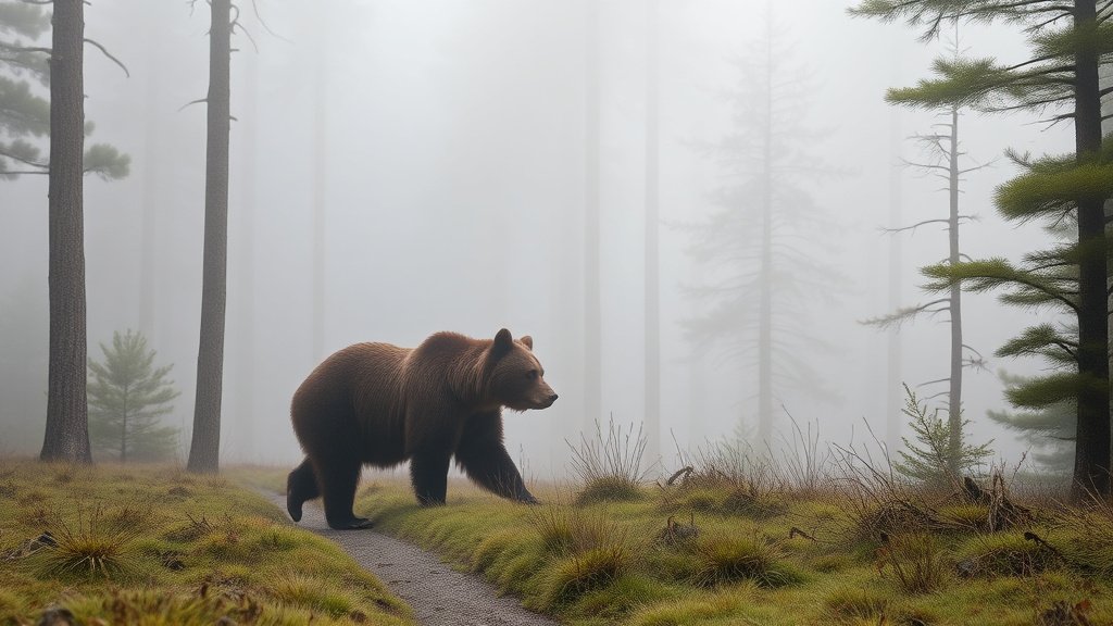 Ours brun marchant dans une forêt des Pyrénées