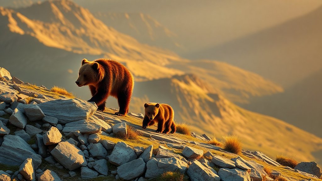 Ourse accompagnée de ses oursons dans un paysage pyrénéen