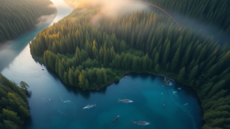 Vue aérienne d une rivière sinueuse en forêt avec des poissons migrateurs