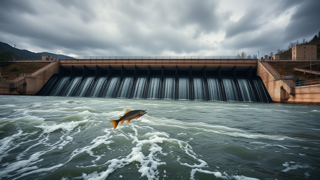 Barrage hydroélectrique bloquant le passage d'un poisson migrateur dans une rivière