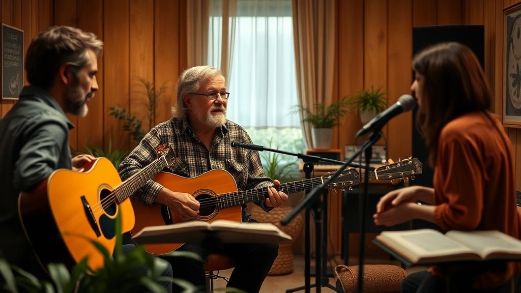 Musicien en studio avec deux chanteurs, ambiance créative et naturelle autour d’un projet écologique