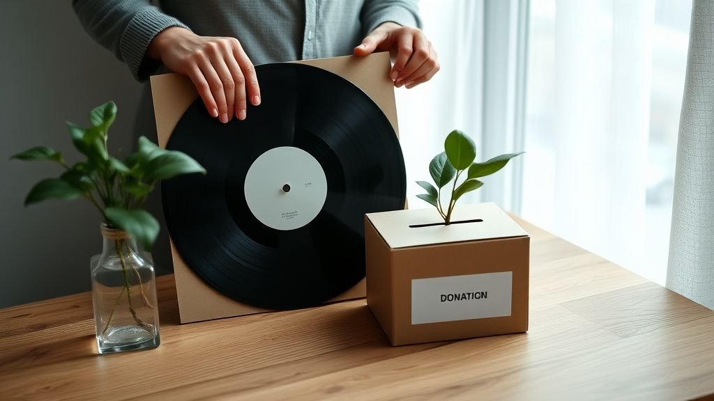 Mains posant un disque près d’une boîte de dons et d’une plante verte sur une table en bois
