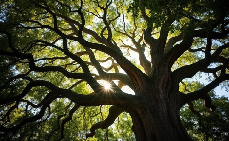 Grand arbre aux branches étendues éclairé par le soleil