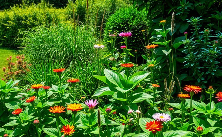 Jardin mêlant herbes aromatiques et fleurs colorées