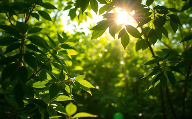 Rayons du soleil à travers les feuilles vertes d’un arbre