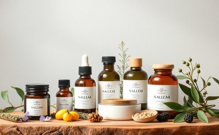 Flacons de compléments et produits alimentaires sur une table