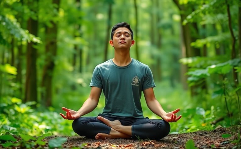 Personne assise en méditation dans une forêt pour apaiser l’éco-anxiété