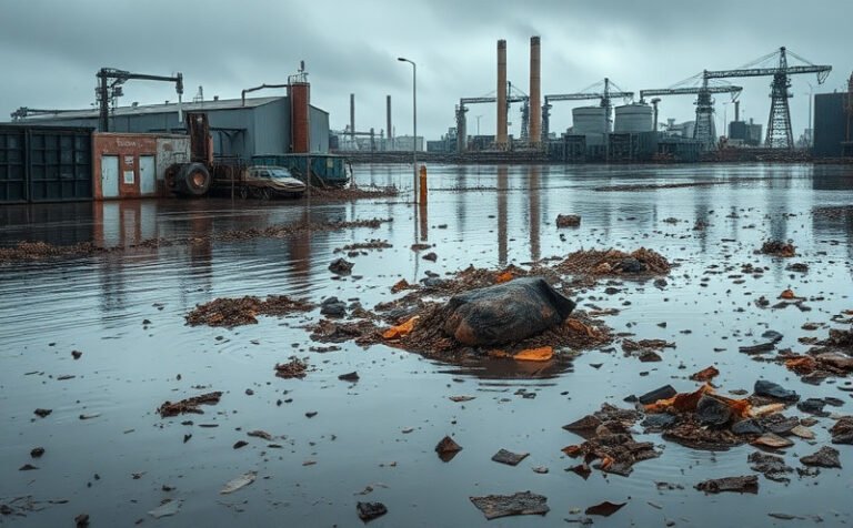 Zone industrielle inondée où des déchets flottent dans l’eau