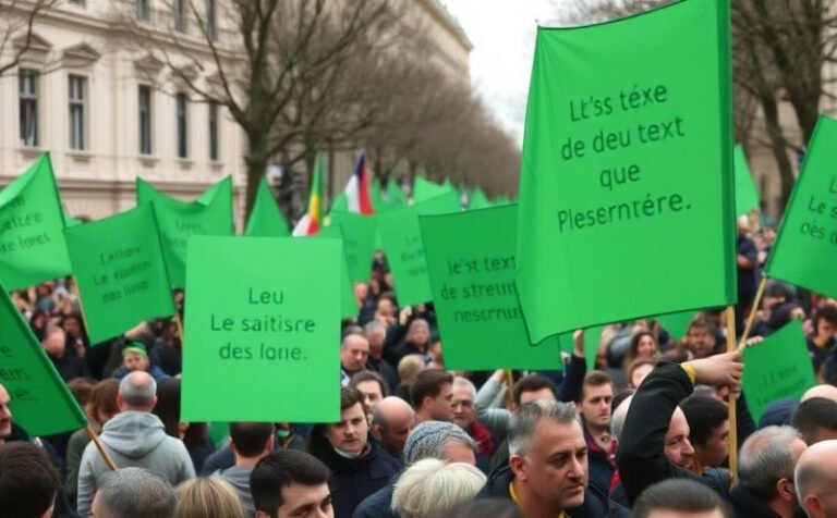 Manifestation politique avec des pancartes vertes dans une rue