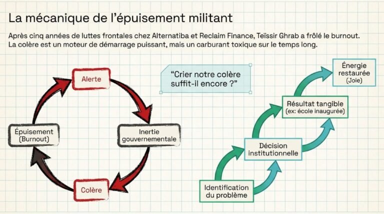 Schéma comparant l’épuisement militant et l’action politique concrète
