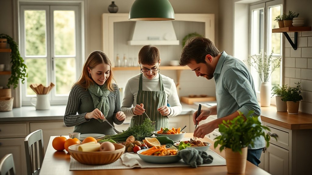Cuisine familiale préparant un repas végétarien de saison
