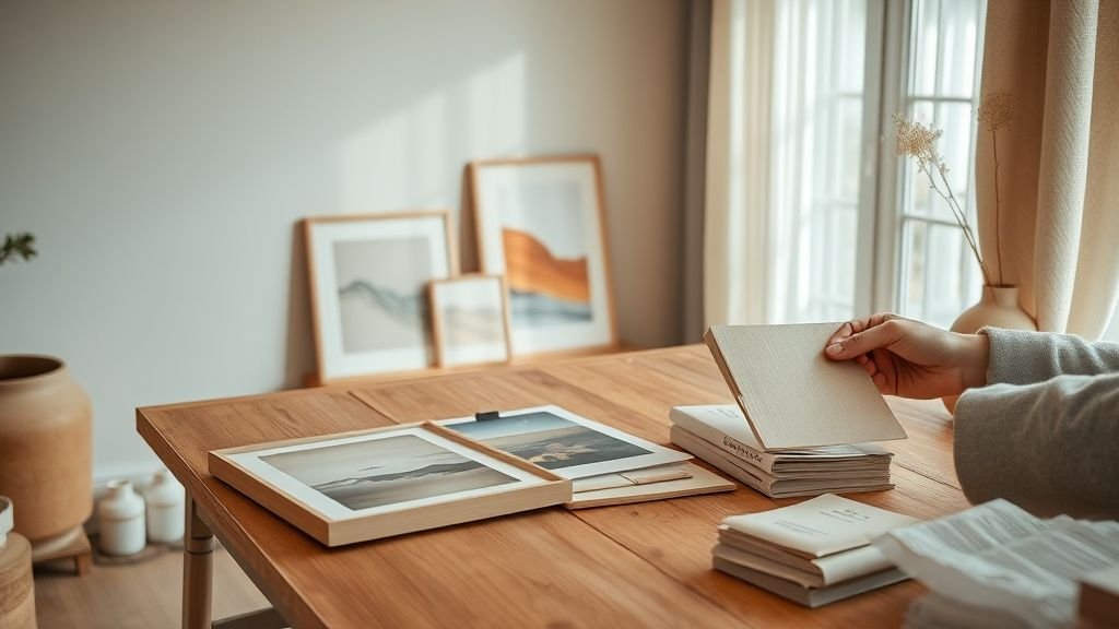 Mains choisissant des prints muraux dans un intérieur éco-responsable, lumière naturelle