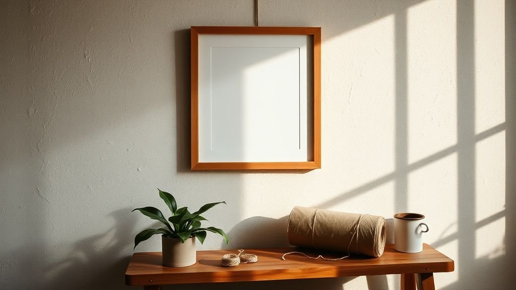 Accrochage d’un cadre en bois dans une déco sobre et durable, ambiance lumineuse