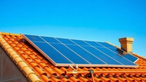 Panneaux solaires thermiques sur le toit d'une maison sous le soleil