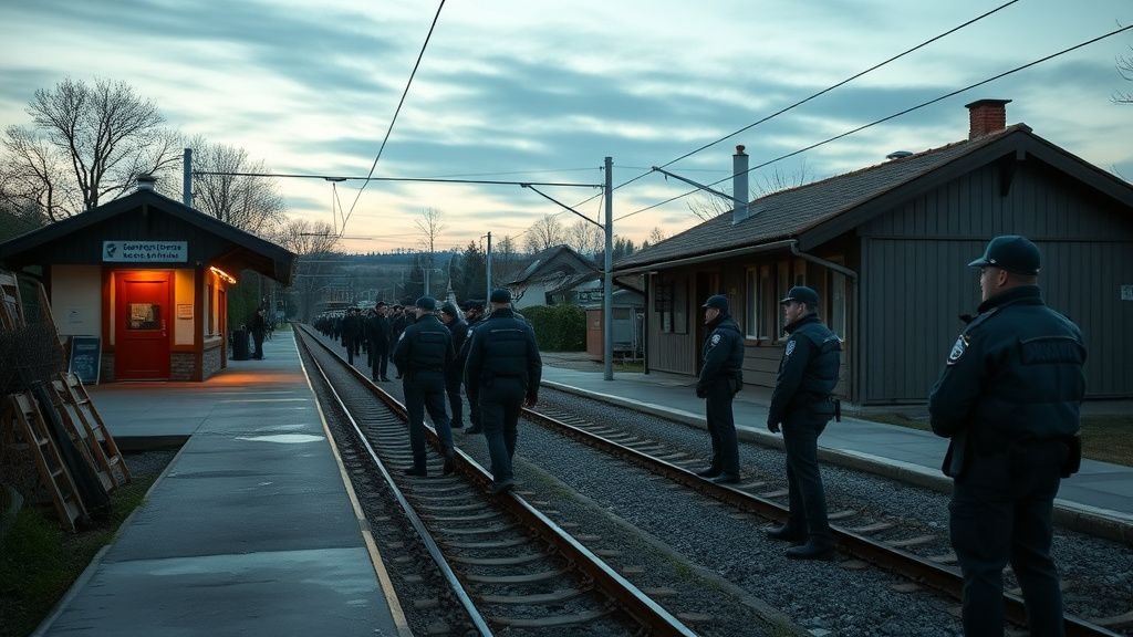 Gare rurale encerclée par des gendarmes dans une ambiance de tension, en lien avec Cigéo