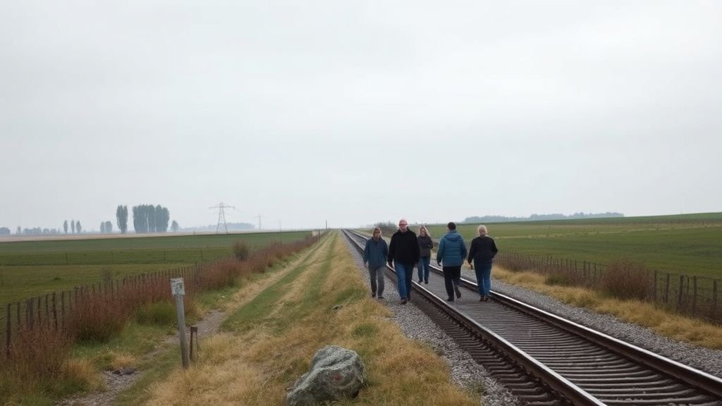 Groupe de manifestants marchant sur une route de campagne près d’une voie ferrée