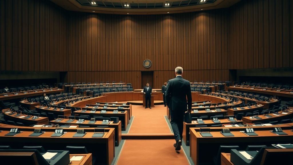 Salle parlementaire européenne avec un homme politique quittant le pupitre dans une ambiance sobre et réaliste