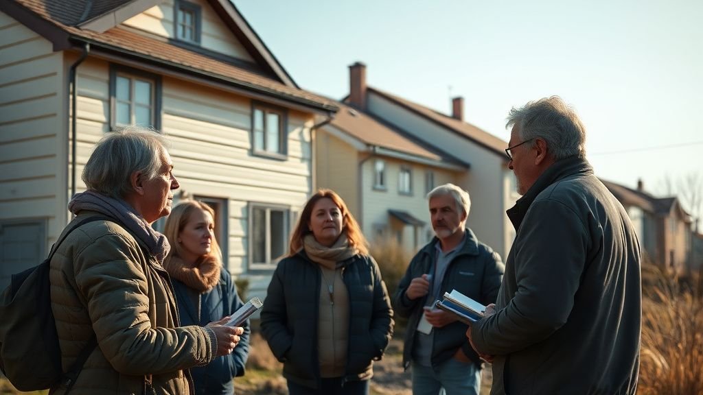Groupe de personnes discutant de transition énergétique devant des immeubles résidentiels sous une lumière naturelle