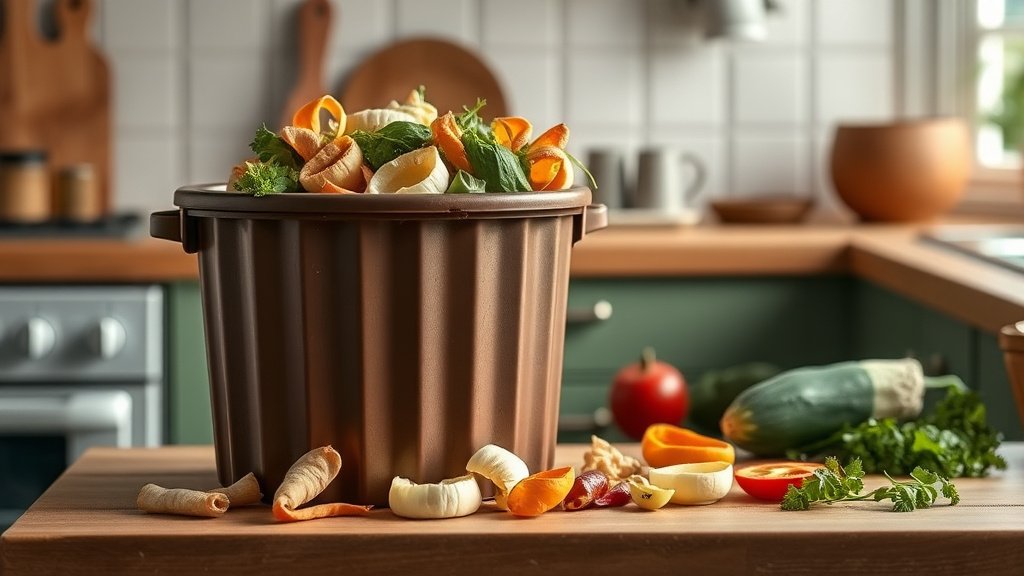 Bioseau marron rempli de biodéchets et épluchures dans une cuisine française