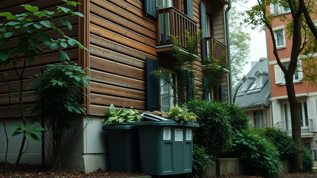 Composteur collectif en pied d'immeuble avec panneau explicatif