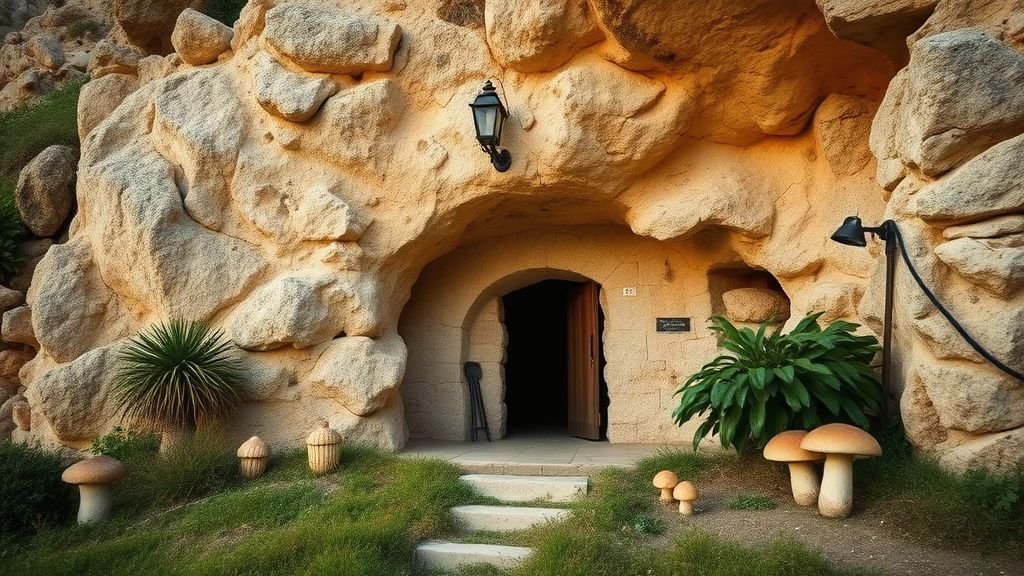 Entrée d’une grotte agricole dans une colline rocheuse avec lumière douce et cultures discrètes à proximité