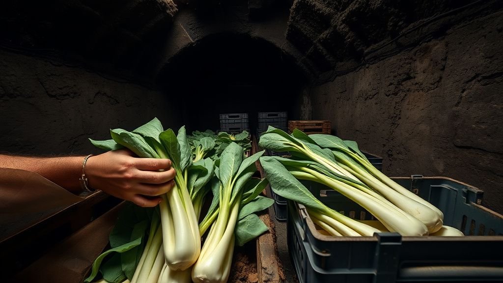 Mains récoltant des endives dans un espace souterrain aux murs de pierre, ambiance humide et lumière naturelle