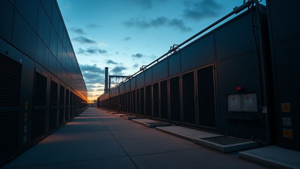 Façade d’un data center moderne avec infrastructures électriques, dans une ambiance urbaine sobre et réaliste