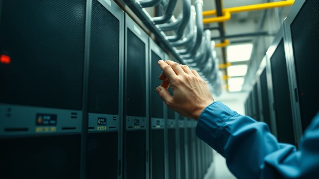 Mains de technicien près de tuyaux de refroidissement dans une salle de serveurs, lumière naturelle et ambiance technique