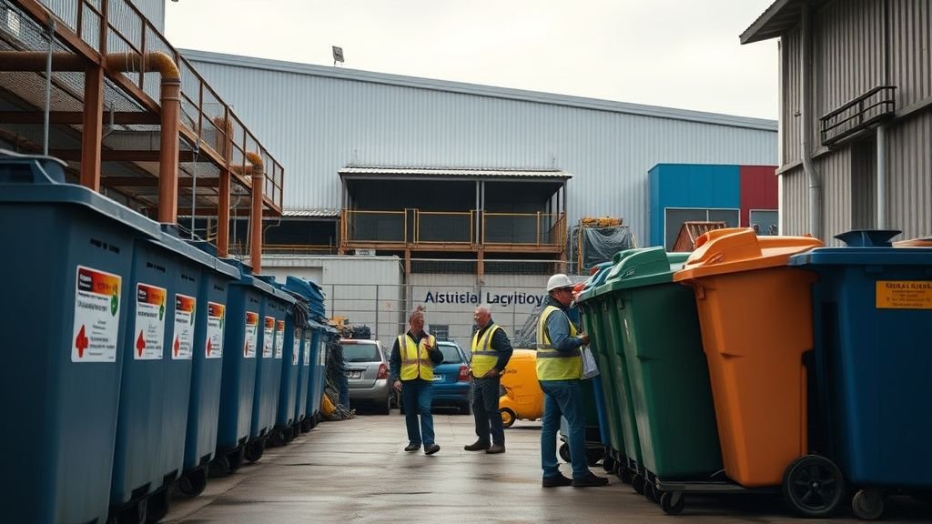 Des agents discutent près de bennes de tri dans un centre de gestion des déchets en lumière naturelle
