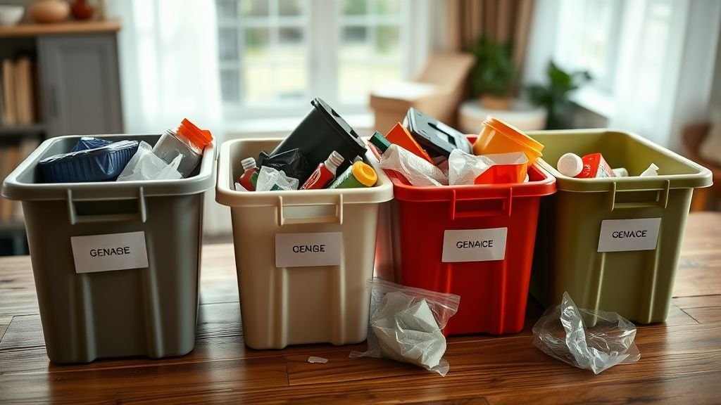 Mains triant des déchets ménagers dans des bacs génériques sous une lumière naturelle douce