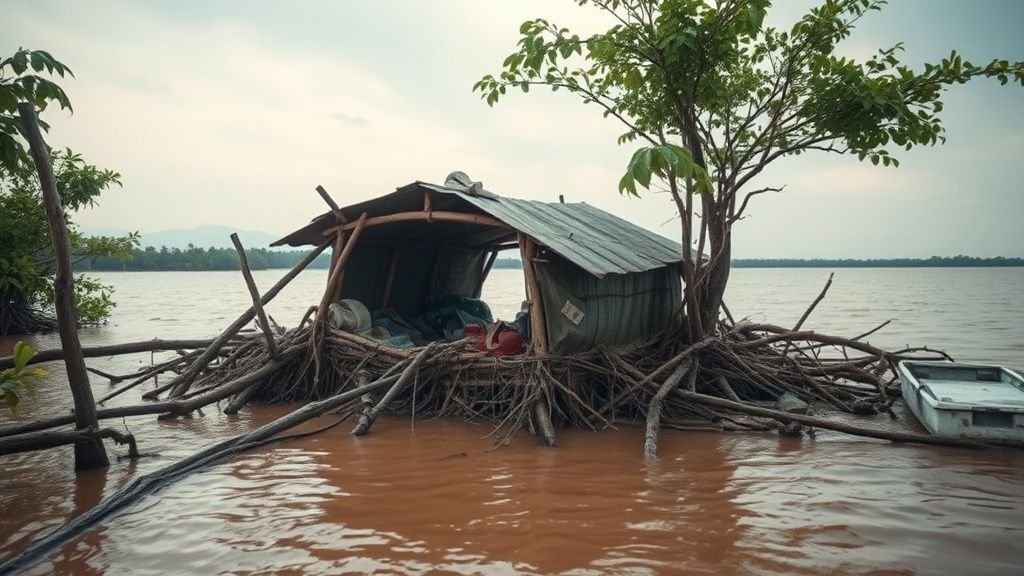Abris de fortune dans une mangrove tropicale au bord de l’eau, sous une lumière naturelle et humide