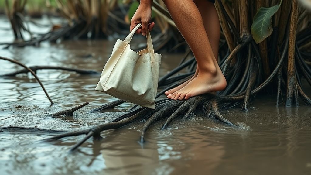 Racines de mangrove partiellement submergées par la marée, avec des mains portant un sac sur sol boueux