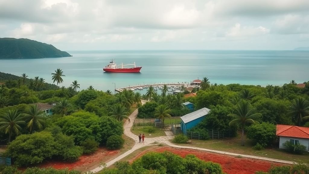 Village côtier en Polynésie française avec un cargo au loin et un paysage insulaire tropical