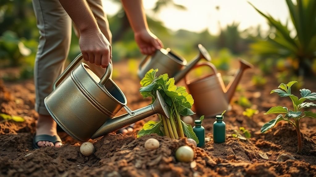 Mains récoltant des légumes dans un petit jardin sur sol corallien sous une lumière du matin