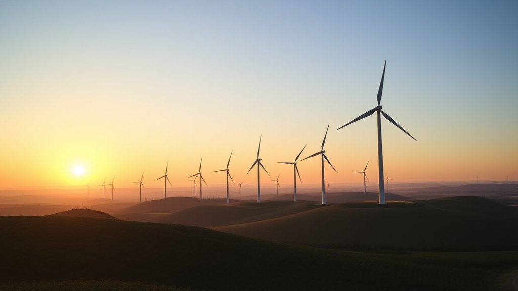 Parc éolien terrestre au coucher du soleil dans la campagne française