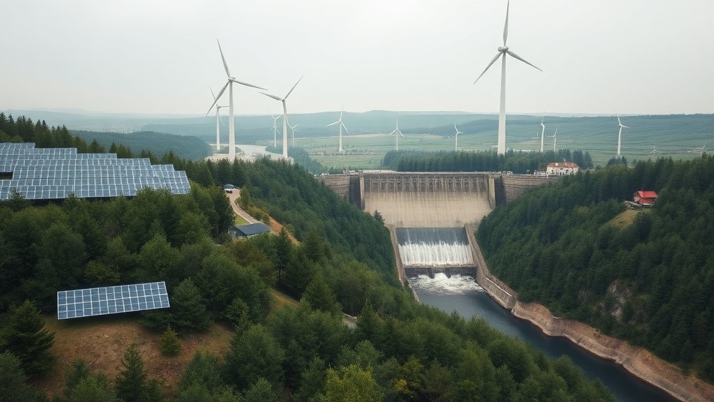 Paysage mixte avec panneaux solaires, éoliennes et barrage hydroélectrique
