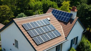 Toit de maison française équipé de panneaux solaires photovoltaïques et thermiques
