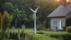 Petite éolienne verticale installée dans un jardin de maison individuelle