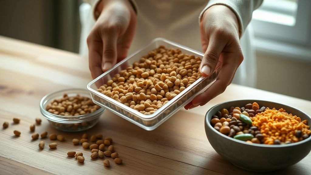Mains tenant des granulés d’alimentation à base d’insectes près de légumineuses sur une table en bois
