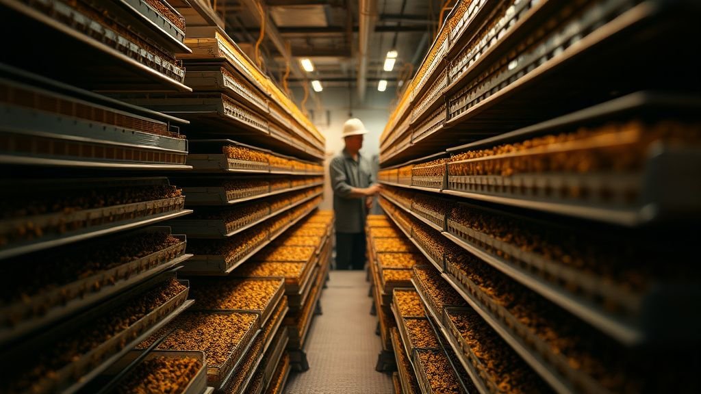 Vue d’un élevage d’insectes en intérieur avec des bacs empilés et une personne en arrière-plan