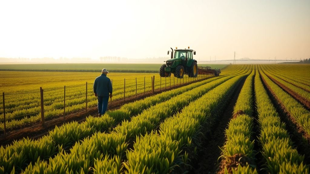 Paysage agricole avec un petit exploitant près d’une parcelle et un tracteur au loin sous la lumière du matin