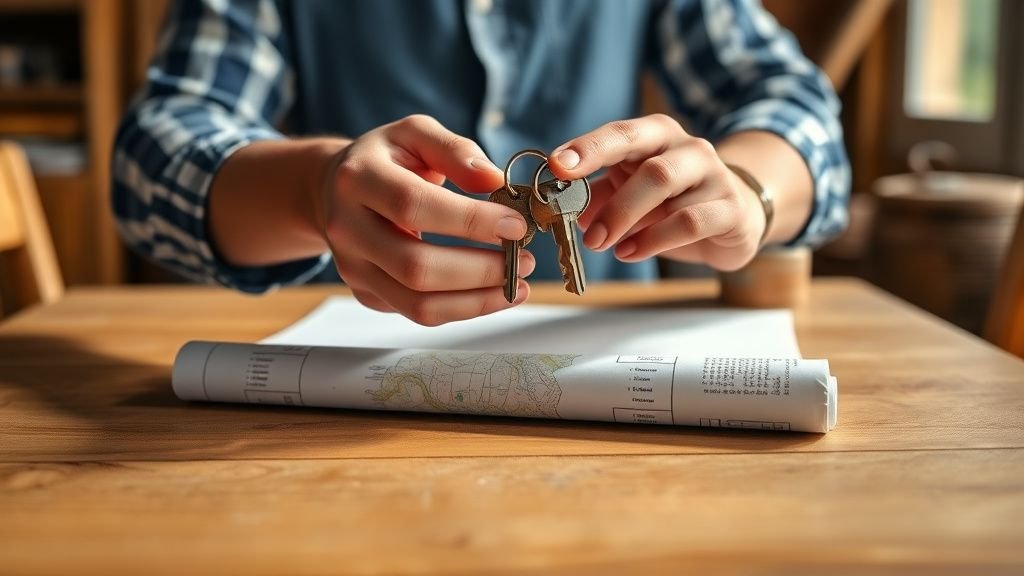 Mains échangeant des clés et une carte vierge dans un bureau de ferme éclairé par la lumière naturelle