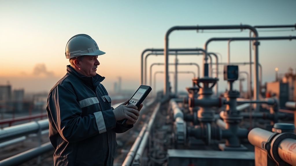 Technicien mesurant des fuites de méthane près d’installations gazières dans une lumière de lever du jour
