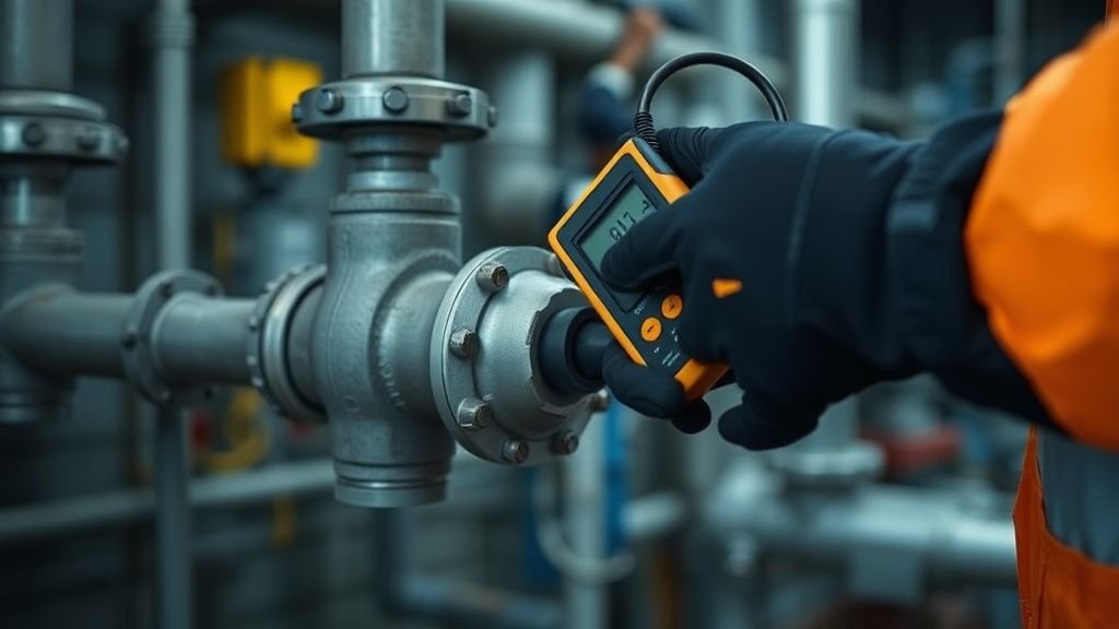 Mains gantées inspectant une vanne et un tuyau avec un détecteur portable dans un site industriel