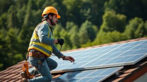 Installateur certifié posant des panneaux solaires sur un toit français