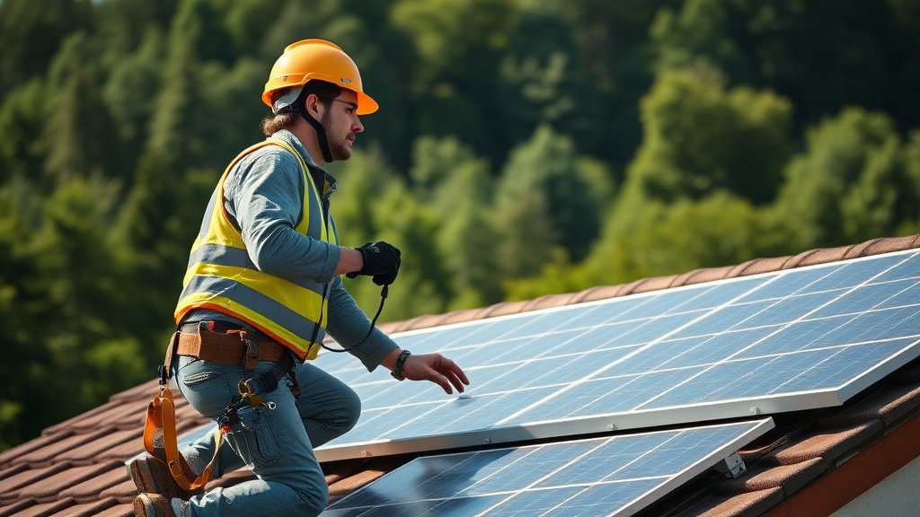 Installateur certifié posant des panneaux solaires sur un toit français
