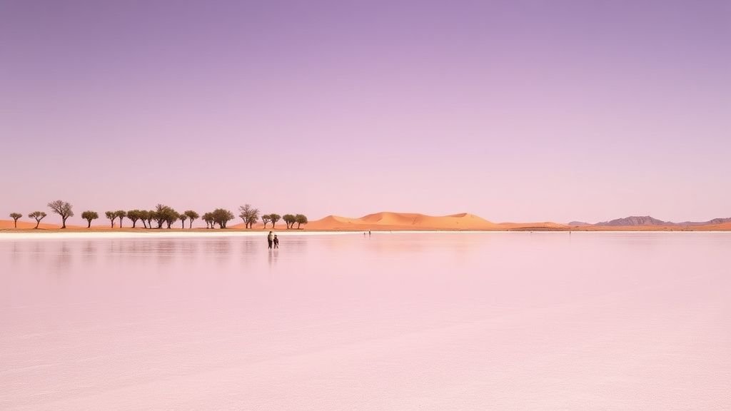 Paysage du lac Rose au Sénégal avec une rive naturelle et des arbres sous une lumière douce