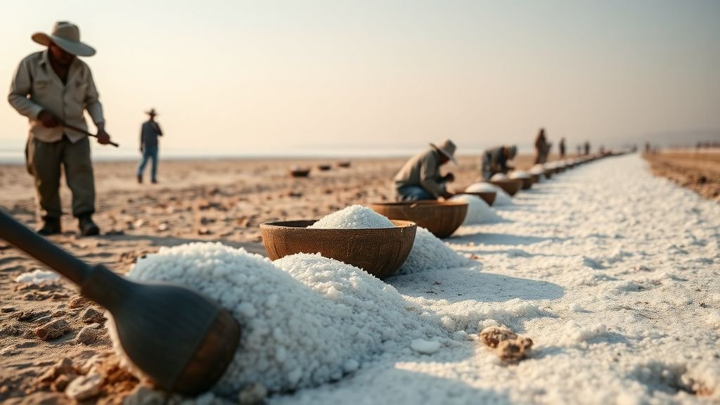 Personnes au bord du lac Rose manipulant du sel sur une berge naturelle sous la lumière du jour
